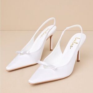 Lulus Alaster White Satin Bow Pointed-Toe Slingback Pumps Sz 9